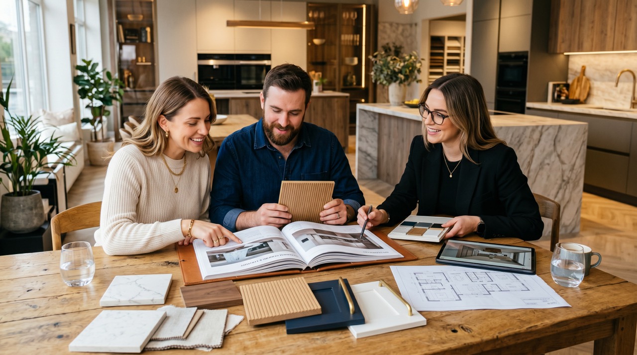 Happy couple meeting with a kitchen designer in a luxury showroom, reviewing catalogs, floor plans, cabinet samples, countertops, and materials for a custom home renovation.