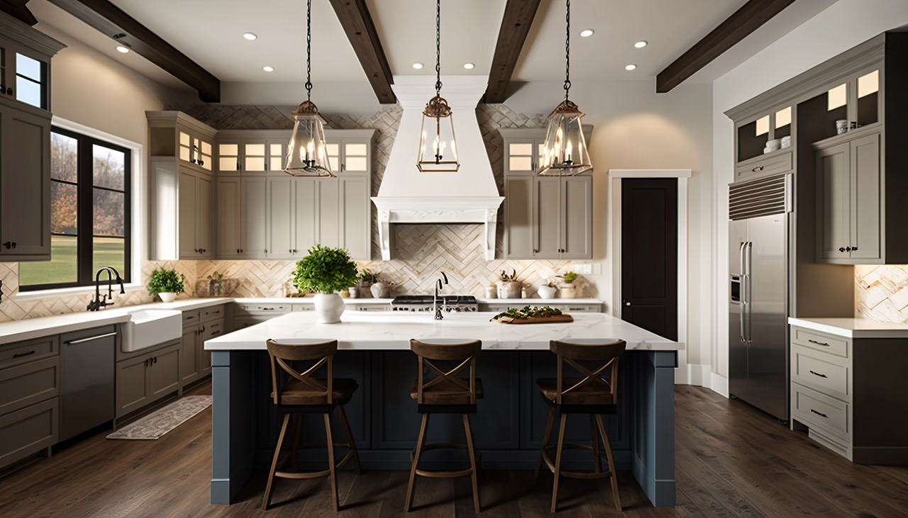 Traditional kitchen in beautiful new luxury home with hardwood floors, wood beams, and large island quartz counters. Includes farmhouse sink, elegant pendant lights, and large windows generative ai.
