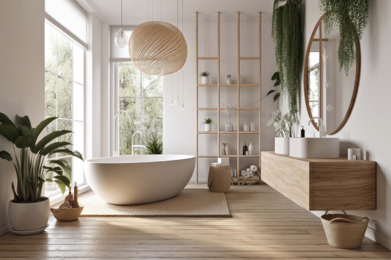 Elegant bathroom with white and beige walls, white basin with oval mirror, bathtub, shower, plants, and dark parquet floor. Modern minimalist bathroom. Generative AI.