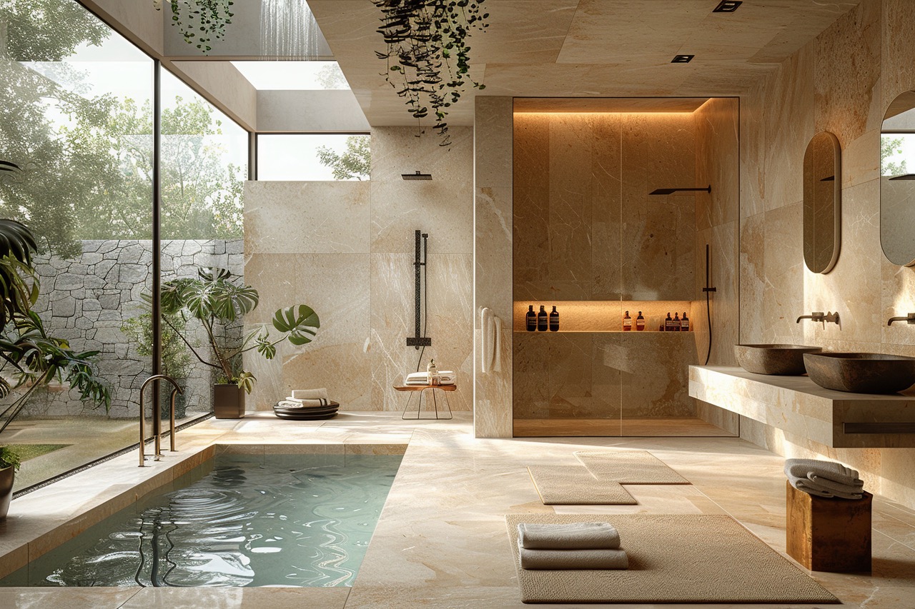 A bathroom with a large tub and a shower. The tub is surrounded by plants and the shower has a black head. The bathroom is very clean and well-lit.