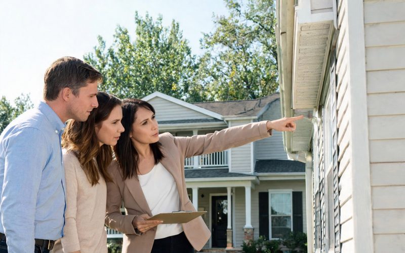 Home siding professional discusses home exterior details with a couple outside a house with a well-kept lawn. Behind them are nearby residences.