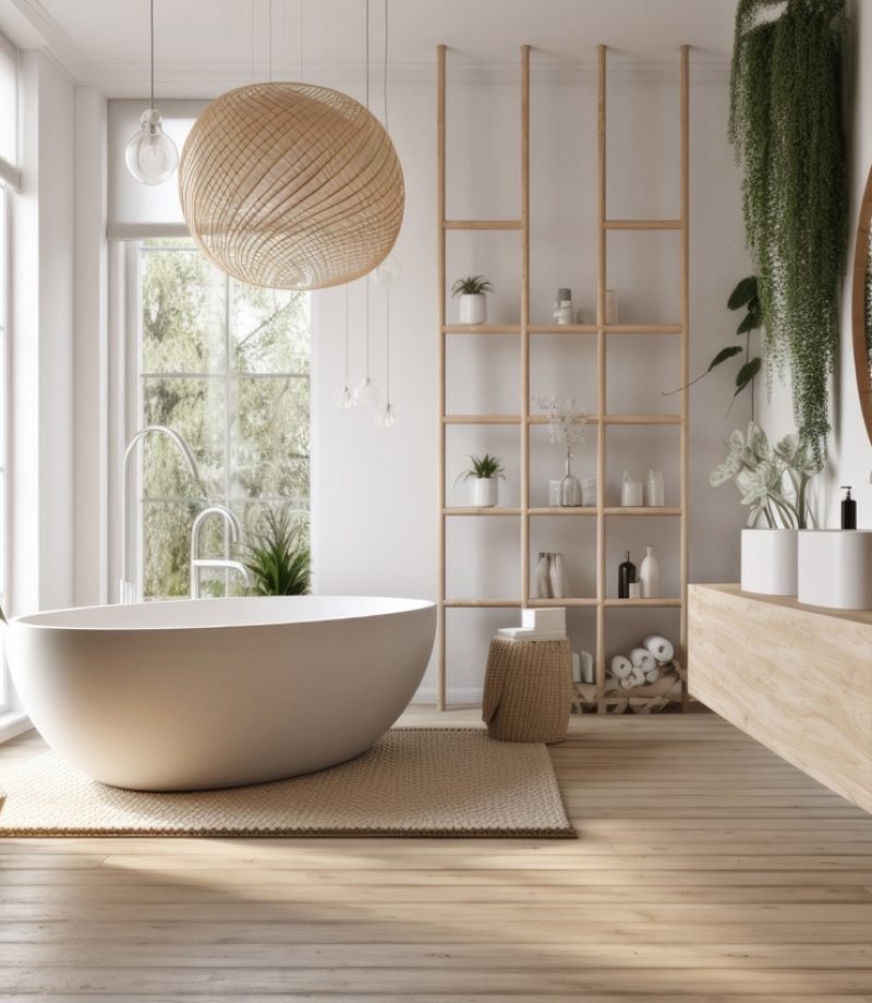 Elegant bathroom with white and beige walls, white basin with oval mirror, bathtub, shower, plants, and dark parquet floor. Modern minimalist bathroom. Generative AI.