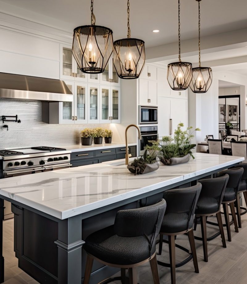 The kitchen space in the new luxury home has been designed and decorated with high end features and luxurious details.