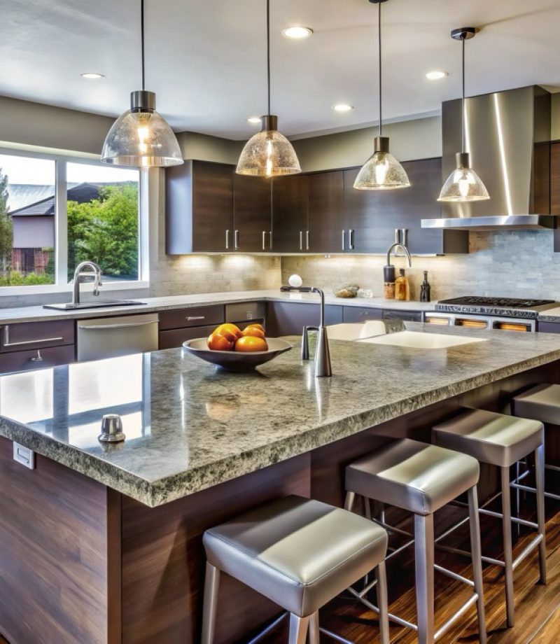 Modern kitchen renovation with sleek cabinets, granite countertops, and stainless steel appliances, perfect for cooking and entertaining in a stylish and functional space.